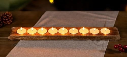 Marco Paul Mango Wood Tea Light Holder Decorative Home Accessories Window Decoration Candle Holder Home Decor Wedding Centerpieces Holds 10 Tealight Slots (25cm x 12cm x 3cm) (10 Tealight Holder)