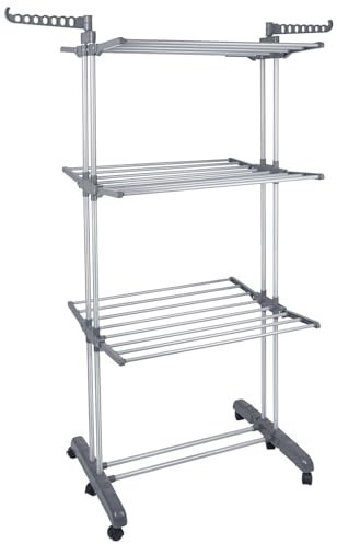 MENGDA Wäscheständer Turm Klappbar, Wäscheturm aus Edelstahlrohre, Mobiler Turmwäscheständer mit 6 Rollen Flügel, Turmtrockner 75 * 64 * 170cm (Grau)