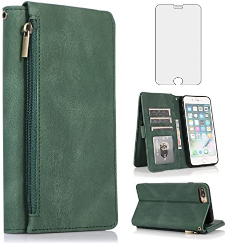 Compatible with iPhone 7plus 8plus 7/8 Plus Wallet Case Tempered Glass Screen Protector Zipper Leather Flip Cover Card Holder Stand Phone for i Phone7s 7s + 7+ 8s 8+ Phones8 7p 8p Men Dark Green