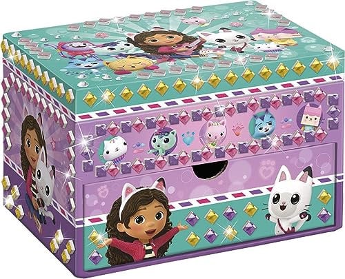 TM ESSENTIALS Gabby's Boîte à Bijoux pour Enfant en Rose, Or, Violet et Vert avec tiroir, Motifs Netflix Gabby's Dollhouse, Rangement de Bijoux pour Fille, Groß, Tissu Plastique Tissu, Pas de Pierre
