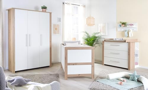 roba Kinderzimmer Set 3-teilig Malo - Gitterbett 70 x 140 cm + Wickelkommode + Kinderkleiderschrank 3-türig - Holz weiß lackiert/Holzdekor Artisan Eiche