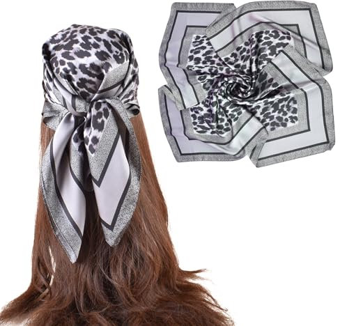 EIysee Seidenkopftuch für Damen, Satin-Haarschal, Seide, quadratisch, 70 cm, Boho-Kopfbedeckung, Leopardenmuster. - Grau, Large Square Head Scarves