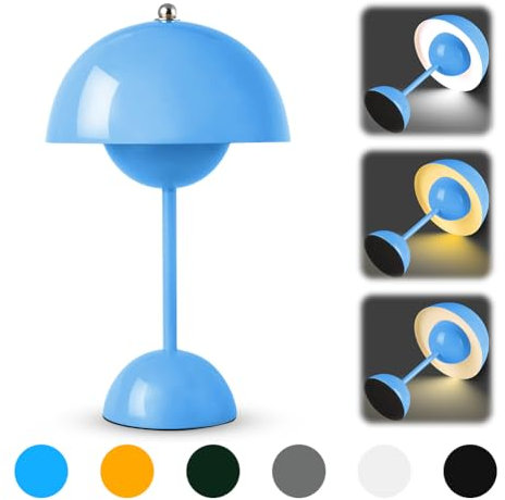 LED Tischlampe Kabellos, Akku Nachttischlampe Pilz, Pilzlampen Tischlampe Touch Dimmbar mit 3 Helligkeitsmodi, 3000k-6000k Retro Led Tischleuchte Aufladbar für Schlafzimmer, Büro, Restaurants (Blau)