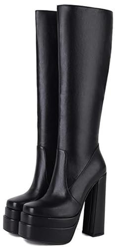 WEHAM Nero,36,Stivali alti al ginocchio con plateau da donna, stivali lunghi invernali da donna in pelle PU con tacco largo e cerniera laterale