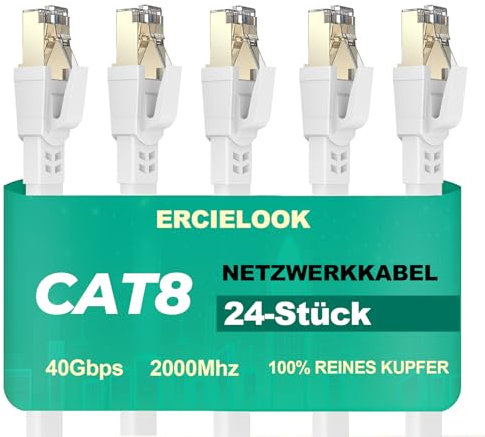 Ercielook Lan Kabel 0,15m-24 Stück - Hochgeschwindigkeits 40 Gbit/s Cat8-Netzwerkkabel für den Außen- und Innenbereich, wetterfest, UV-beständig für Router/Gaming/Modem