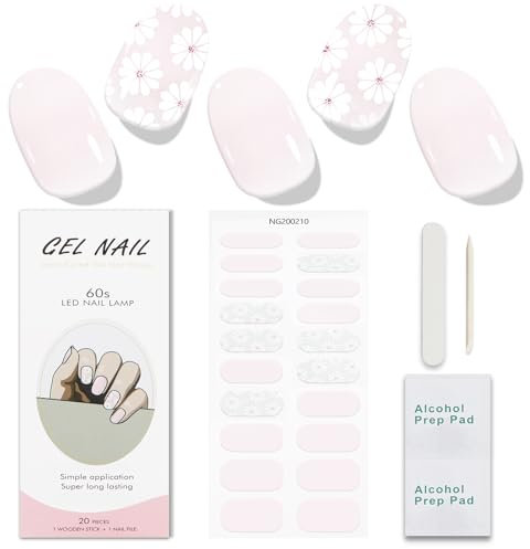 JMEOWIO Gel Nail Stickers Cream White Pink Flower Semi Cured Gel Nail Strips Wraps UV/LED Nail Supplies Nail Art Design Decoration Accessories