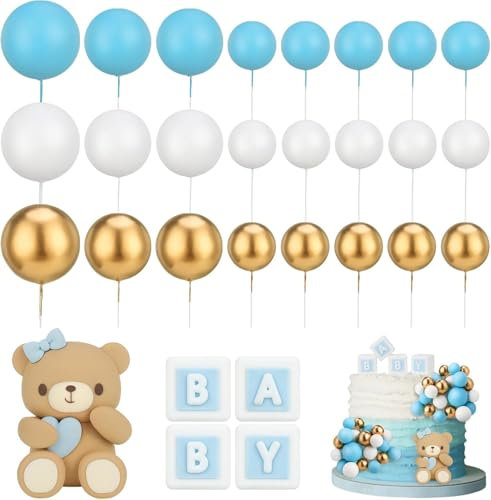 Tortendeko Kugeln Cake Topper Bär 29 Stück Blau Bär Torten deko Baby Taufe Tortendeko Junge Kinder Fondant Figuren Babyparty, Gender Reveal Partyzubehör, Geburtstag, Feierlichkeiten