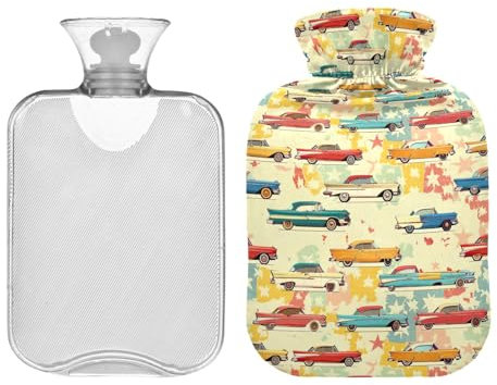 Wärmflasche mit Bezug Vintage Cars Wiederverwendbarer Wärmbeutel Warme Kompresse Tasche zur Schmerzlinderung Hand Füße Wärmer 1 Liter
