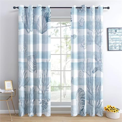 Vorhänge mit Ösen Unterwasser-Elemente Muscheln und Korallen Blickdichte Vorhänge Gardinen Uv Schutz Blau Mädchen Jungen 2 x 75 x 166 (2er Pack)