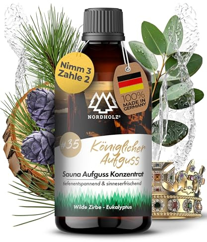 NORDHOLZ® Saunaaufguss 250ml [60 Sorten] Sauna Aufgussmittel Konzentrat | Sauna Duft · #35 Königlicher Aufguss · Zir. & Eukalyptus · klar & holzig · Mit ätherischen Ölen · Made in Bayern