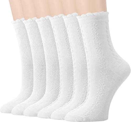 Halinuia 6 Paar Rüschen Weiß Socken Damen Socken mit Rüschen Damen Weiche Atmungsaktive Baumwolle Einfarbige Ballettsocken Crew Socks für Frauen Mädchen 35-40