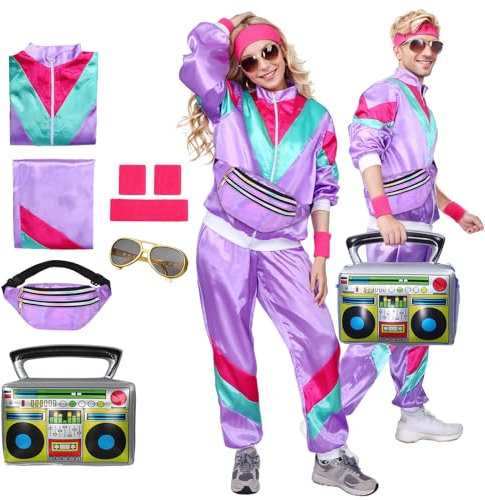Matreeglam 80er Jahre Outfit Damen Herren, Kostüm Trainingsanzug Jacke Hose, Anzug Kostüm 80er 90er Jahre Herren Damen Party Accessoires für Karneval Faschingskostüm (lila, M)