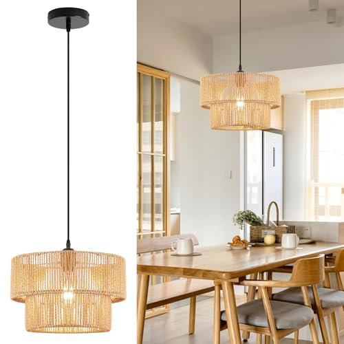 FORCOSO Rattan Pendelleuchte - Boho Style Hängelampe E27 Vintage Rattan Lampe Ø32cm Geflochten Hängeleuchte Deckenlampe für Esstisch Wohnzimmer Schlafzimmer Küche - Braun