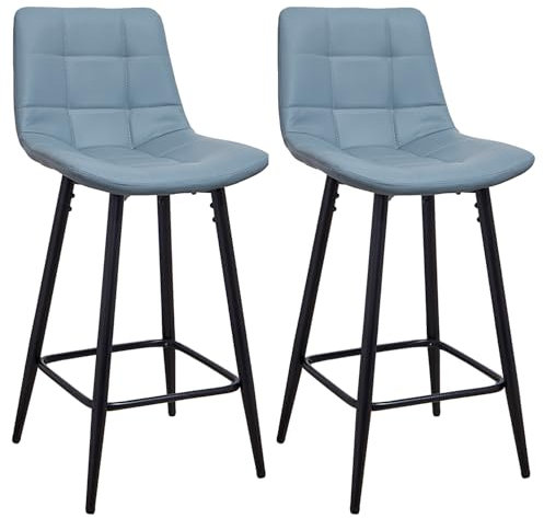 Panana Lot de 2 Tabourets de Bar, Chaises Hautes, Revêtement en PU avec Dossier et Repose-Pieds, Cadre en Métal pour Bar Bistro, 43 cm (L) x 34 cm (l) x 97 cm (H) (Bleu)