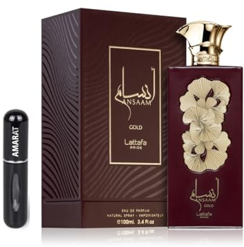 Ansaam Gold Eau de Parfum, 100 ml, arabischer Duft, Uni, lange Lebensdauer, inkl. nachfüllbarem Zerstäuber, 5 ml, blumiger Duft mit Noten von Bergamotte, Jasmin und Bernstein (Gold)