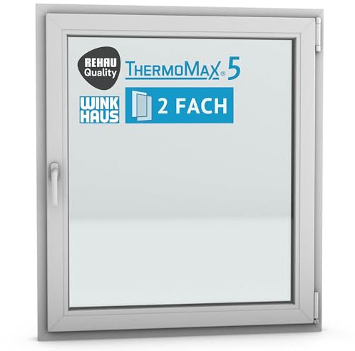 ThermoMax 5 Classic Kunststoff-Fenster, Uw-Wert 1,3, BxH: 100x120cm / 1000x1200mm, DIN rechts (Griff links), mit 2-fach Wärme-Isolier-Verglasung, Winkhaus Sicherheitssystem & Rehau Profil