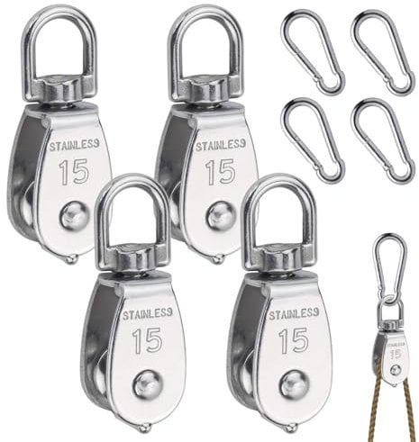 Lot de 8 Poulie en Acier Inoxydable,4 Pièces M15 Poulie de Levage avec 4 Pièces Mousqueton M4,Rotation 360° Poulie de Renvoi en Acier Inoxydable,Bloc à Poulie Unique pour Corde de 6mm,Maximale 35KG