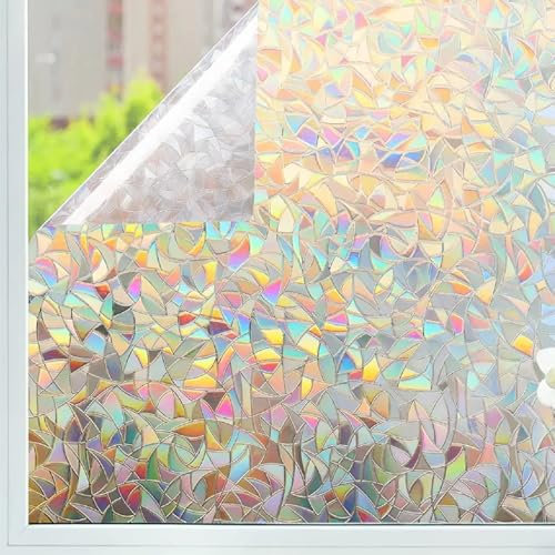 AVOID Fensterfolie Regenbogen – Sichtschutzfolie statisch – Fensterfolie Blickdicht ohne Kleber – 3D Regenbogenfolie selbsthaftend – UV Schutz innen inkl. Rakel, Messer & Pflanzensprüher (120x300 cm)