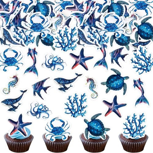 Blumomon 45 Stück Essbar Meerestiere Cupcake Topper Essbare Kuchen Dekoration Geburtstagstorte Topper Ozean Party Supplies Kuchen Dekoration