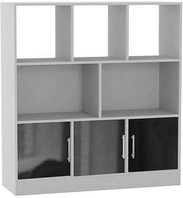 URBNLIVING White 8 Cube Asymmetrical Storage Cabinet – Freestanding Display Bookcase with 3 Doors for Home & Office - Gloss Doors - Black