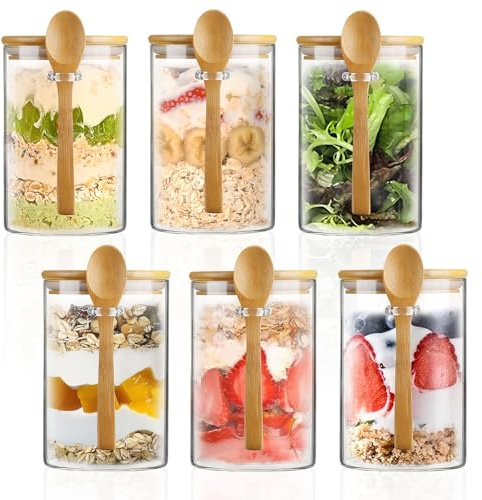 Overnight Oats Jar with Lids and Spoon 6 Pack, 500ml/17.6oz Oats Container