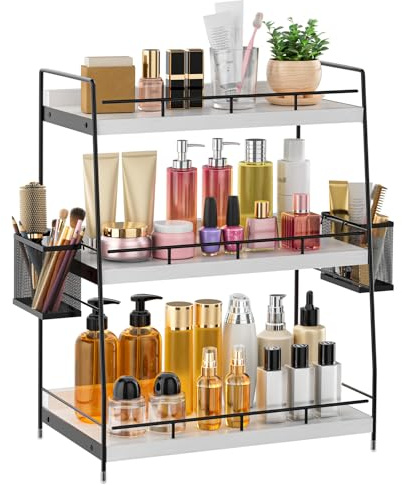 OCPO HOME Standregal Badezimmer Organizer, 3 Ebenen Badezimmer Regal Holz mit Metal Korb, Feuchtigkeitsgeschützt Holzregal Multifunktionales für Küche, Wohnzimmer, Schminktisch