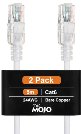 Tecmojo Cat6 Ethernet Cable 5m 2Pack, 24AWG Pure Copper (OFC) UTP RJ45 Network Patch Cord, 1Gbps 250MHz LSZH Jacket for Router Modem Switch Patch Panel, White