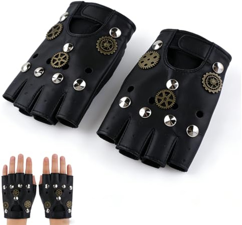 OIXYEY 1 Paar Steampunk Handschuhe, Punk Handschuhe Fingerlos Biker Rocker Lederhandschuhe Motorrad, Fingerlose Unisex, Punk Accessoires, Kostümzubehör Mottoparty Karneval (Schwarz)