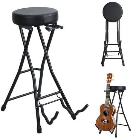 Tabouret de guitare pliable avec siège rembourré, chaise de guitare pliable avec support de guitare intégré, repose-pieds rétractable, tabouret de performance pour musicien, basse acoustique