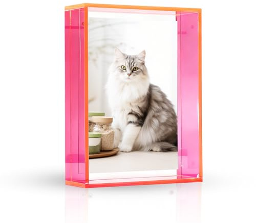 RANJIMA Acryl Bilderrahmen 12x17 cm, Neon Pink Magnetischer Bilderrahmen 4x6 Zoll Acryl-Display-Rahmen, Dekorativer Tischrahmen Neonfarbener Schwebender Fotorahmen für Wandmontage & Desktop, Neonpink
