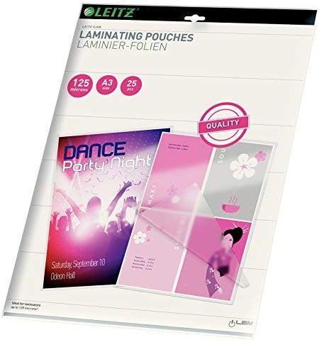 Leitz Heißlaminierfolien A3 125 mic, Hochwertige Laminierfolien im 25er Pack, mit abgerundeten Ecken, transparent, glänzend, ideal für Plakate und Zeichnungen, 33836