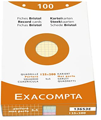 Exacompta - Réf. 13653E - Étui de 100 fiches bristol quadrillées 5x5 perforées - format 125 x 200 mm - compatibles avec imprimante jet d'encre, laser et photocopieur - couleurs assorties