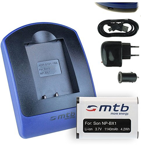 Batterie + Chargeur (USB/Auto/Secteur) Compatible avec Sony NP-BX1 / HDR-AS50, AS200V / DSC-HX90(V), HX400, RX100 IV, WX500 / X1000V... v. liste