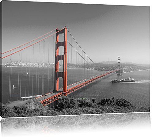 Pixxprint eindrucksvolle Golden Gate Bridge B&W, Größe: 100x70cm, Leinwandbild, fertig gespannt, Wandbild, Dekoration, Kunstdruck, kein Poster