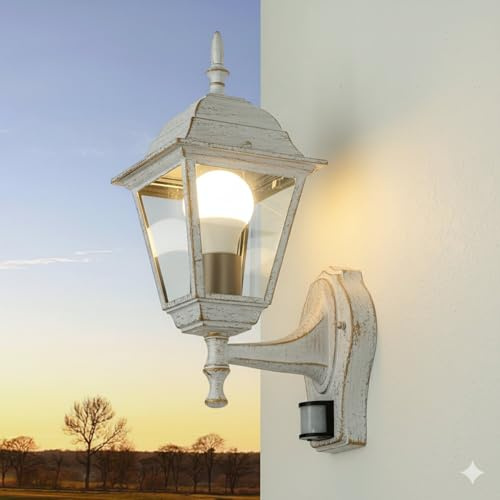 Licht-Erlebnisse Außenleuchte mit Bewegungsmelder Aluminium Glas Weiß Gold IP44 Haustür Eingang H:37,5 cm E27 witterungsfeste Außenwandlampe Garten TIROL