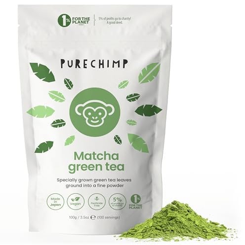 PureChimp Ceremonial Matcha Powder 100g. 100% Pure Green Tea. Shade-Grown Leaf for Lattes, Beverages, and Culinary Uses. Sustainable Packaging. Rich in Antioxidants