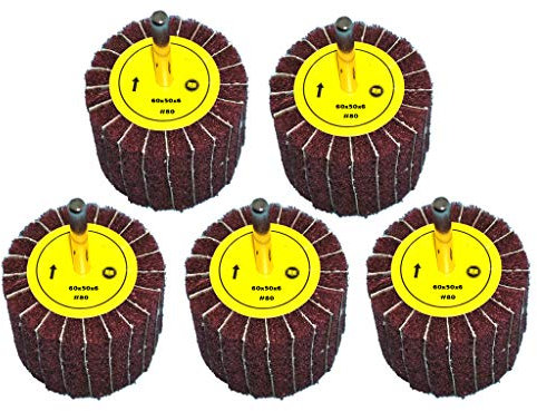 5 Stück Fächerschleifer mit Vlies-Gewebekombination 60mmx50mm, 6mm Einspannschaft, Körnung: 80 - Schleifmopstift, Lamellenschleifer, Schleifmop Schleifvlies, Lamellenrad mit Schaft.