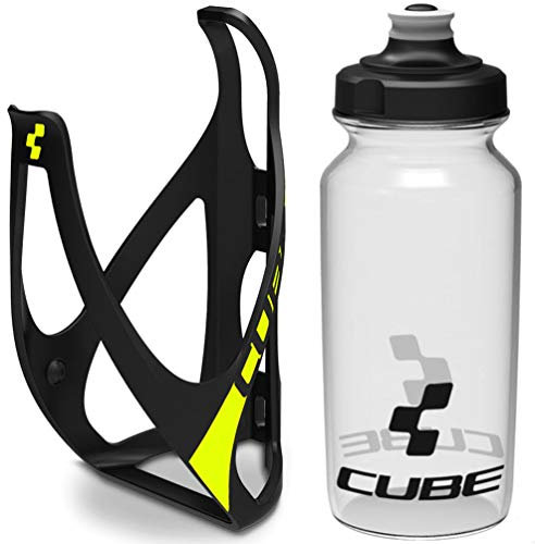 Cube HPP Cage - Matt Black/Yellow & Icon Bottle - Clear, 750ml / Water Drink Flask Vessel Bidon Holder Mount Bracket Kit Lightweight Plastic Drinking Hydration Biking Bike Riding Frame Accessories