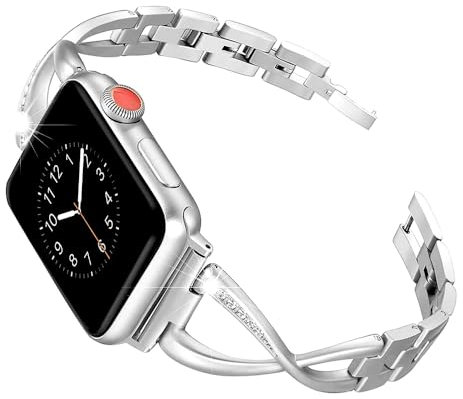 RXXR Women Fashion Smartwatches Straps Compatible with Apple Watch Straps Series 10 42mm, 9/8/7 41mm, 6/SE/SE2/5/4 40mm, 3/2/1 38mm, Silver Bling Diamond Rhinestone Replacement Strap for iWatch