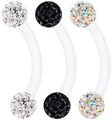 KJM FASHION 3 STK Flexibel Acryl Bananenstecker 1.2 mm 16gauge 8mm 5/16 Inch 3mm Ferido Kristall Kugel Cartilage Helix Daith Lip Ohrringe Piercing Schmuck 2345
