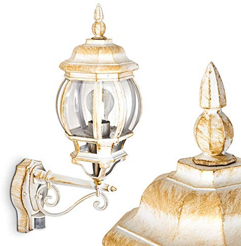Außenwandleuchte Lentua m. Bewegungsmelder, Wandlampe aufwärts in antikem Look, Aluguß in Weiß/Gold m. Kunststoff-Scheiben, Wandleuchte für Terrasse/Hof, E27-Fassung, Retro/Vintage, ohne Leuchtmittel