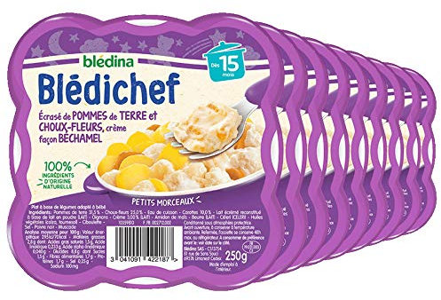 Blédina - Blédichef - Repas Bébé 15 Mois - 9 Plats Pommes de Terre Choux-Fleurs Béchamel - Petits Morceaux - 100% Ingrédients d'Origine Naturelle - Dès 15 Mois - 9 Assiettes de 250g