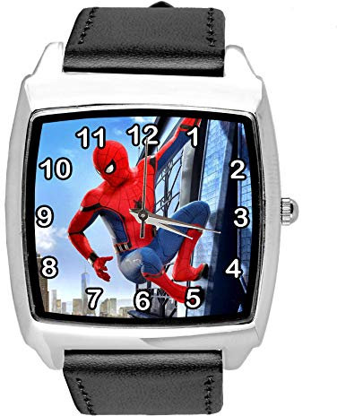 Taport® Orologio al quarzo con cinturino in pelle nera quadrato per gli appassionati di Spiderman E2