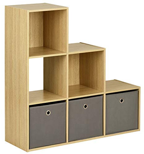 Hartleys Oak 6 Cube Shelving Unit and 3 Easy Grasp Box Drawers - Grey