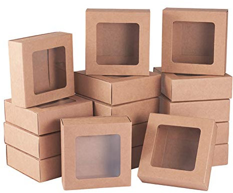 BENECREAT 20 Packungen Quadratische Kraftpapier Schubladenboxen mit Fenster 9 x 9 x 3 cm Papier Geschenkboxen für Party Gegenstände