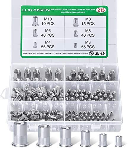 Écrou à Riveter, 215PCS Fileté à Tête 6 tailles - M3 M4 M5 M6 M8 M10 écrou de Rivet Filetés, 304 Acier Inoxydable Écrou Outil Plat Tête Filetée Rivet Nutsert Cap pour Meubles Automobiles