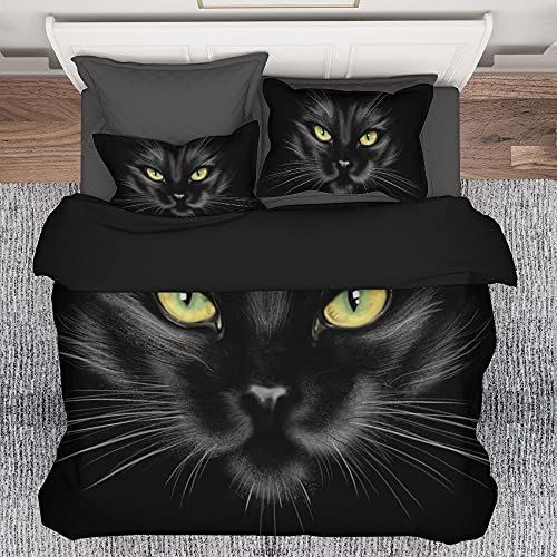 LWLFC Bettwäsche 200x200Schwarze Katze Bettbezug Set 3D,Bettwasche gebürstet Microfaser Bettbezug mit Reißverschluss und 2 Kissenbezug 80X80cm,Bettbezug Kinder,Bettwäsche-Sets Modern