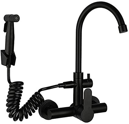Robinet Mural Cuisine avec Douchette Col de Cygne Robinet Cuisine Noir Robinet Mitigeur Évier avec Pivotant Double Poignée Robinetterie Cuisine Robinet Cuisine Mural Douchette