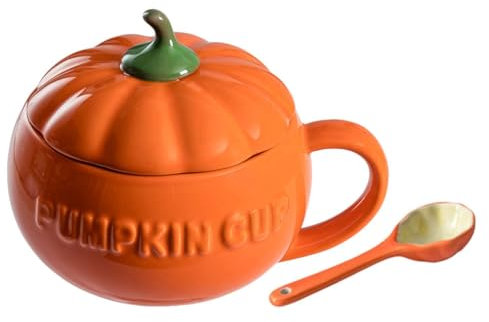 Angoily Halloween Citrouille Tasses Café Céramique Café Tasse avec Couvercle Soupe Au Tasse pour La Maison (Orange)