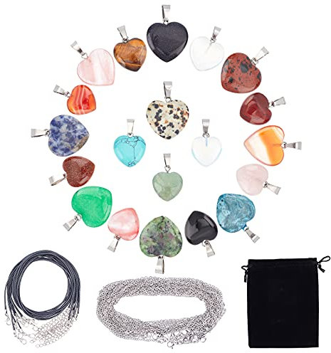 SUNNYCLUE 20 Styles Heart Stone Charms Set Natural Energy Healing Crystal Mixed Stone Pendants Chakra Gemstone Beads Rose Quartz Tiger Eye with Waxed Cord Chains for Jewelry Making Crafts